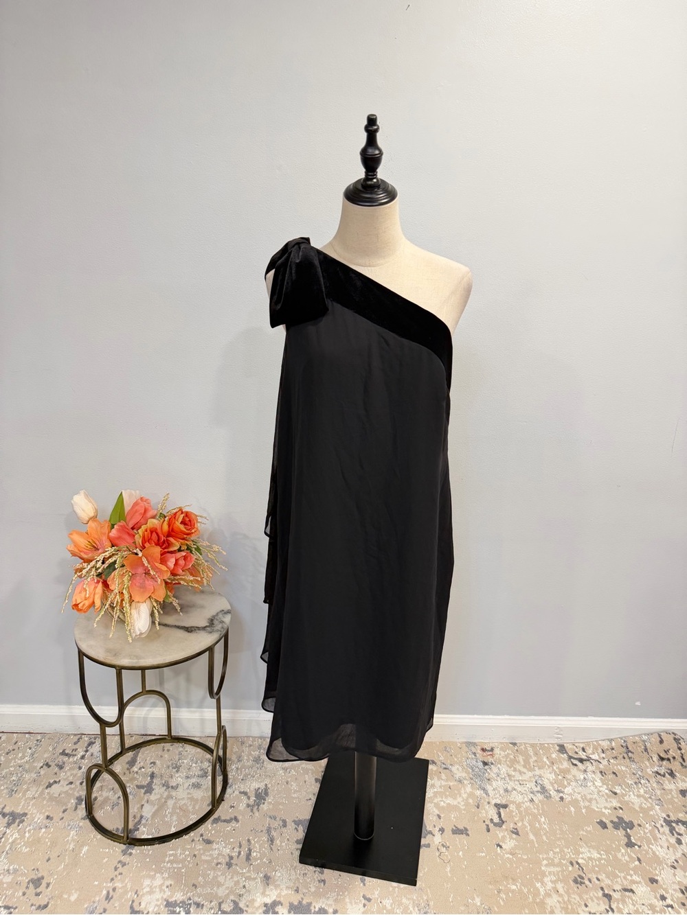 Lauren Ralph Lauren Black One-Shoulder Dress with Velvet Trim & Bow Accent